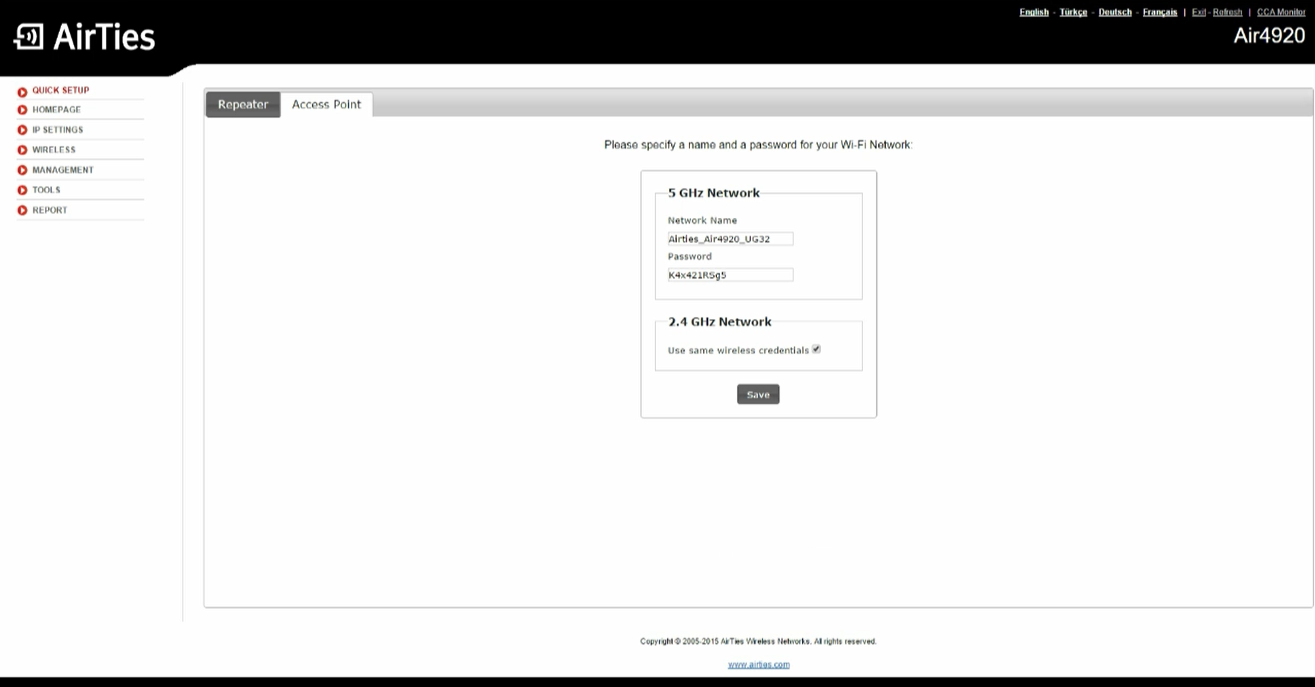 Air4920.local AirTies Air 4920 change wifi-network name and password