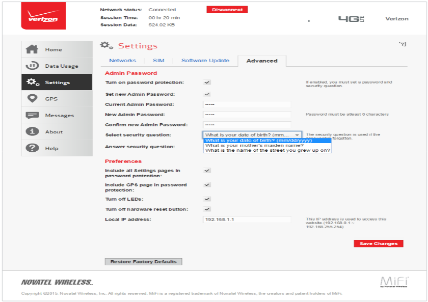 MiFi U620L change WiFi network name and password